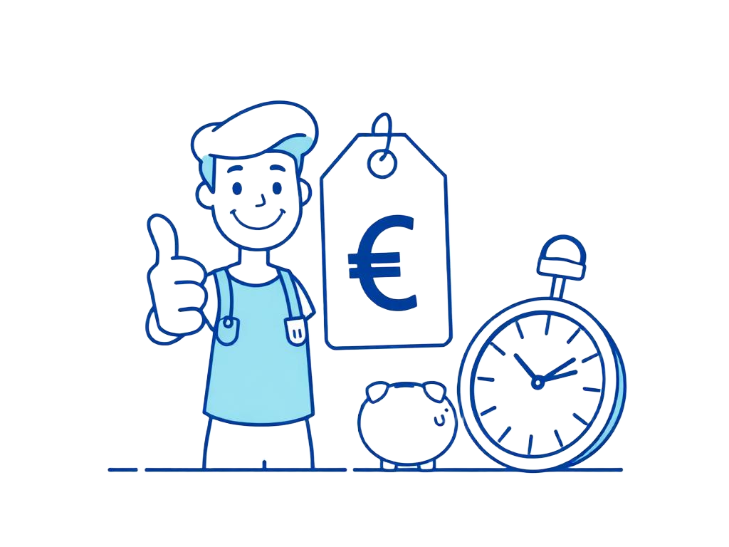 Ilustrācija: apmierināts uzņēmējs, cenu zīme ar eiro un hronometrs